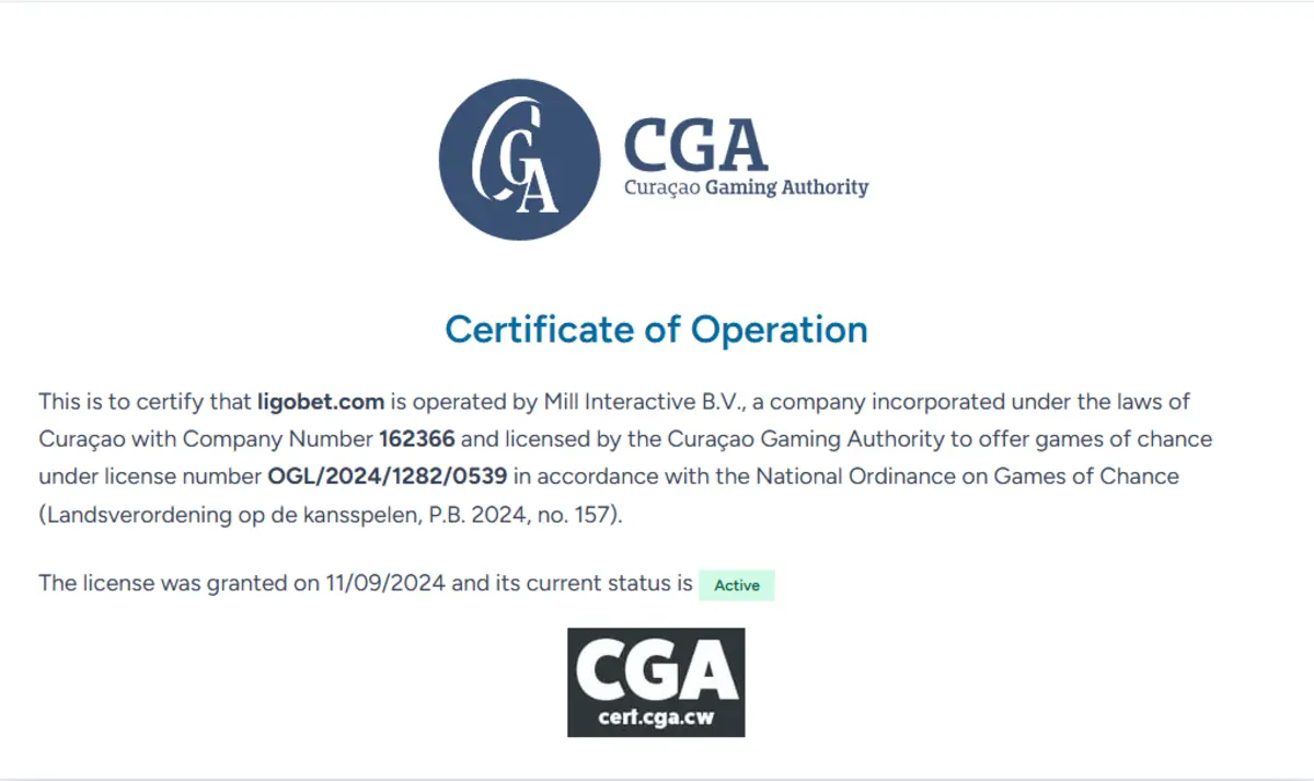 Ligobet Güvenilir mi? Ligobet Curaçao Gaming Authority lisans sertifikası OGL/2024/1282/0539