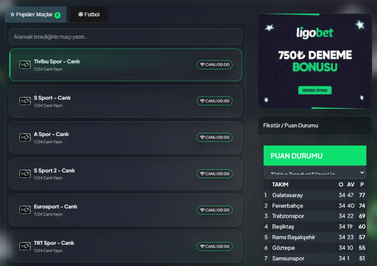 Ligobet TV canlı yayın izleme ekranı